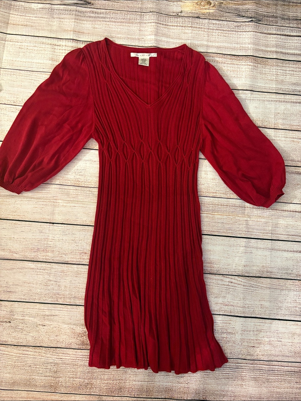 Max Studio Deep Red V-Neck Ribbed Knit Midi Dress with Puff Sleeves
